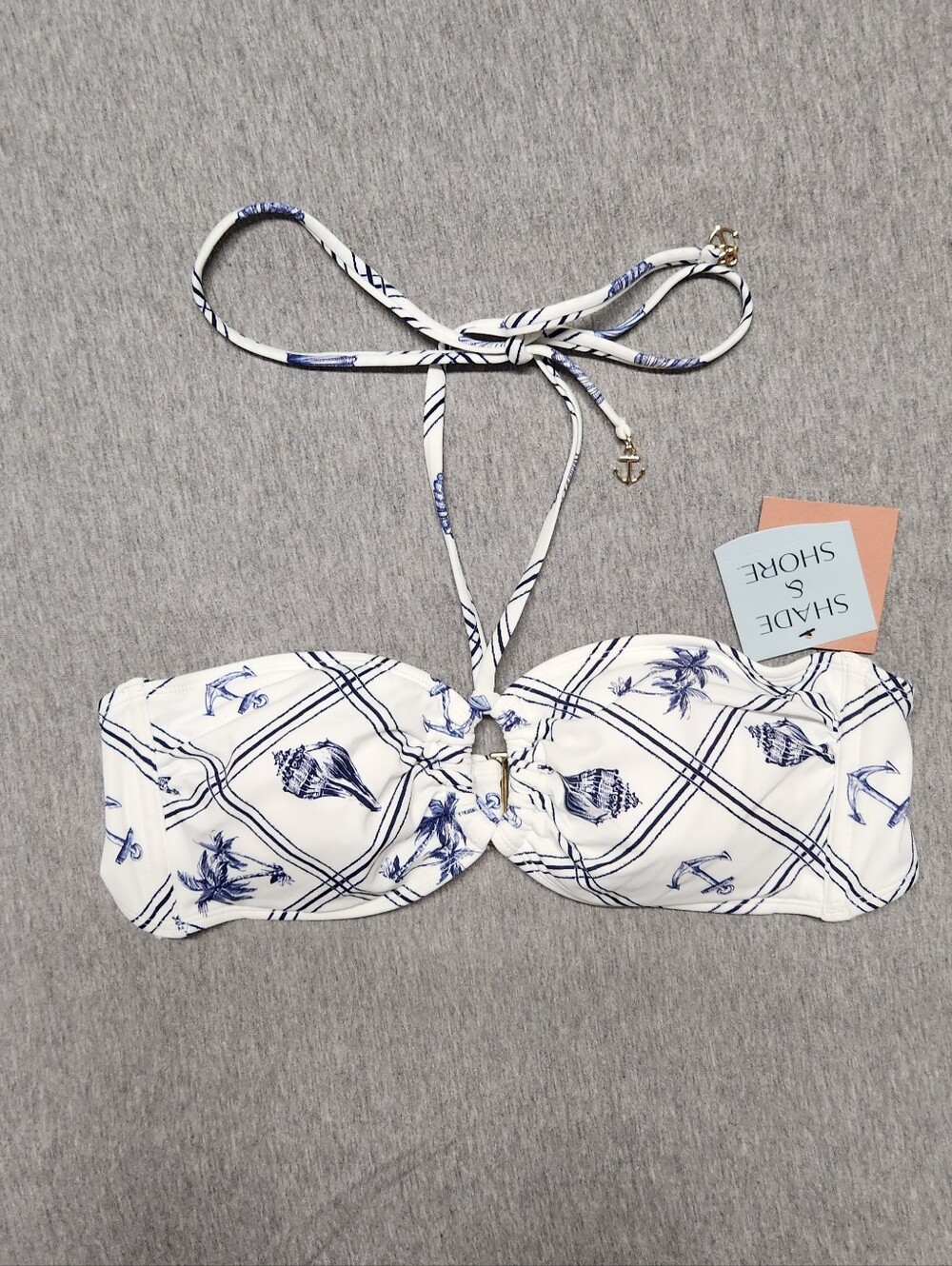 Shade & Shore Women’s Shell‑Print Anchor‑Charm Halter Bandeau Bikini Top(Size L)